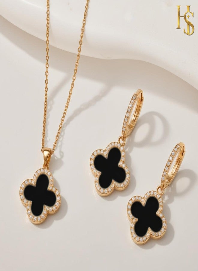 HighSpark Studded Clover Necklace with Studded Hoop Earrings for Women | Designer Jewelry Set for Women | Lovely Gift - Black - Image 3